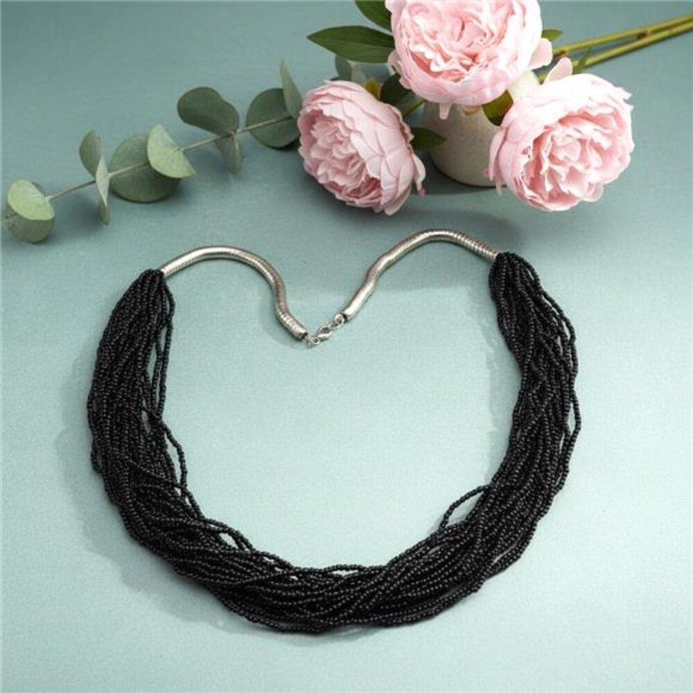 Vintage Black Seed Bead Torsade Necklace Multi Strand Twist Silver Tone 30 in